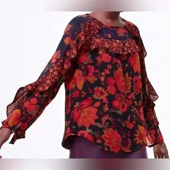 NWT LOFT Romantic Ruffle Trim Black Red and Orange Floral Top | size small - Picture 9 of 9